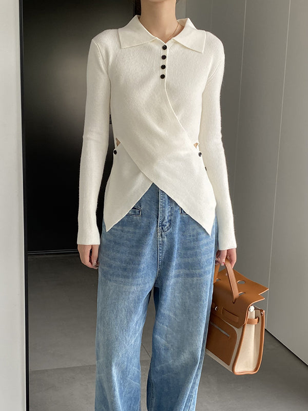 Asymmetric Buttoned Hollow Long Sleeves Skinny Lapel Sweater Pullovers Knitwear