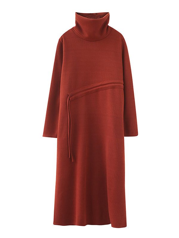 Casual Loose Solid Color Drawstring High-Neck Long Sleeves Sweater Dress