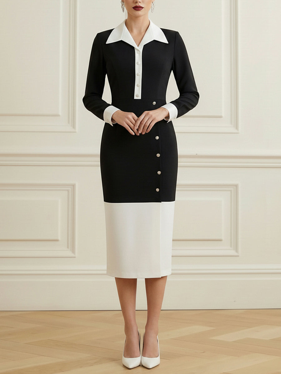 High Waisted Long Sleeves Buttoned Contrast Color Split-Front Split-Joint Lapel Midi Dresses