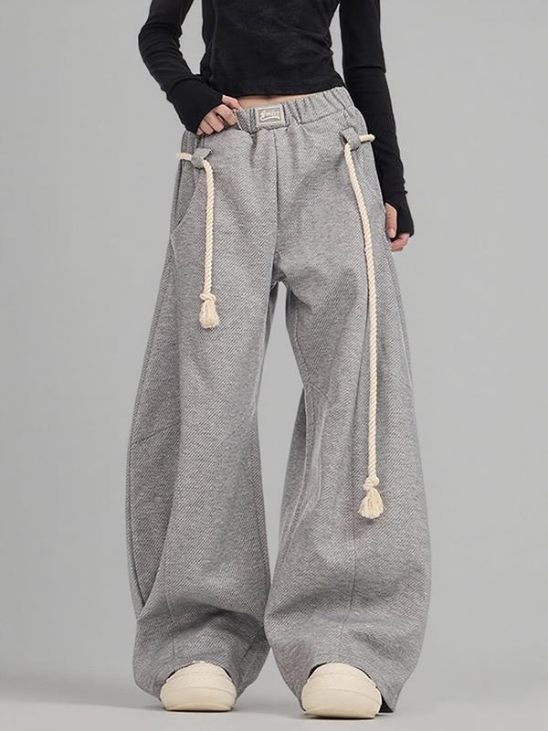 Drawstring Elasticity Pockets Solid Color High Waisted Loose Trousers Pants
