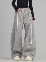 Drawstring Elasticity Pockets Solid Color High Waisted Loose Trousers Pants
