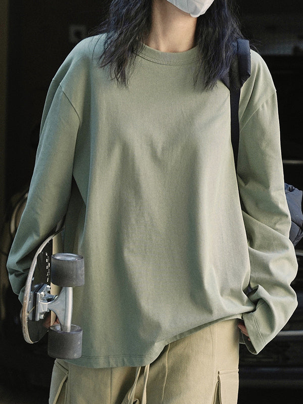 Casual Long Sleeves Loose Solid Color Round-Neck T-Shirts Tops