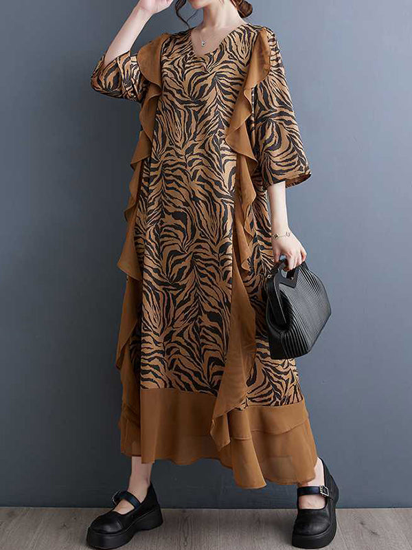 Ruffled Split-Joint Zebra-Stripe A-Line Batwing Sleeves V-Neck Midi Dresses