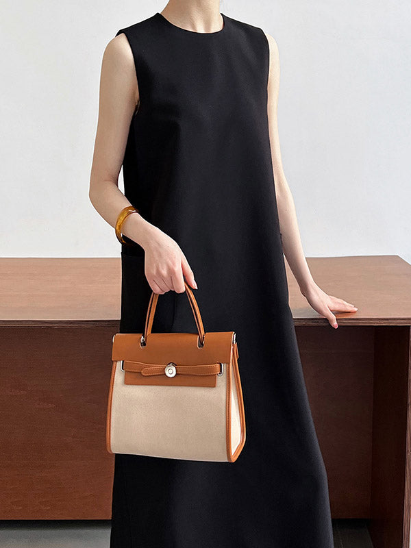 Pockets Solid Color Split-Back Zipper High Waisted Loose Round-Neck Midi Dresses