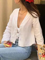 Lace-Up Solid Color V-Neck Blouses&Shirts Tops