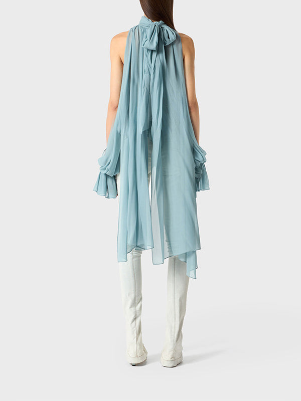 Elasticity Hollow Pleated Solid Color High-Low Long Sleeves Mock Neck Blouses&Shirts Tops