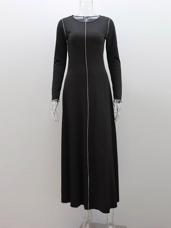 Solid Color Striped A-Line Long Sleeves Round-Neck Maxi Dresses