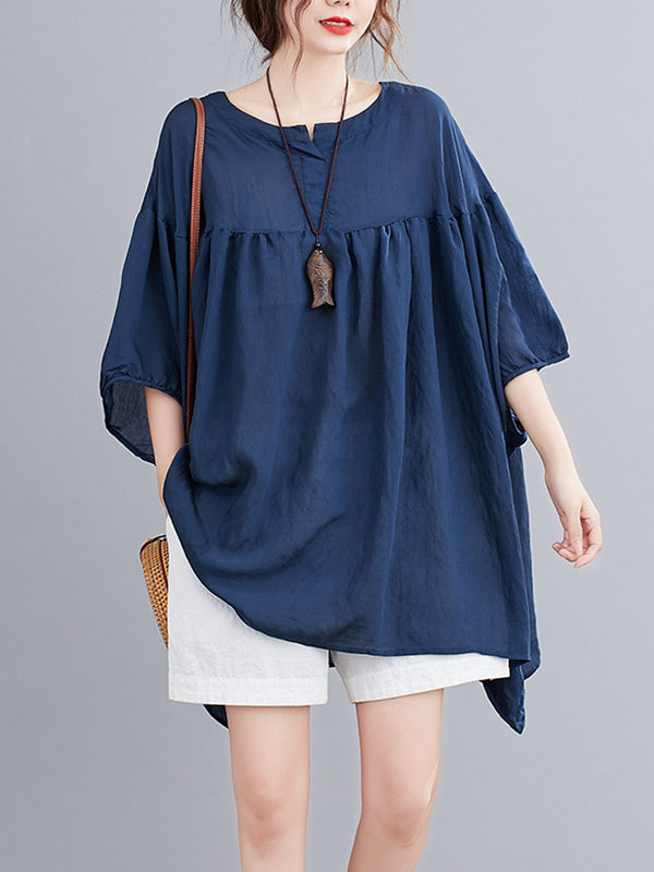Pleated See-Through Solid Color Half Sleeves Loose Round-neck Blouses&shirts Tops