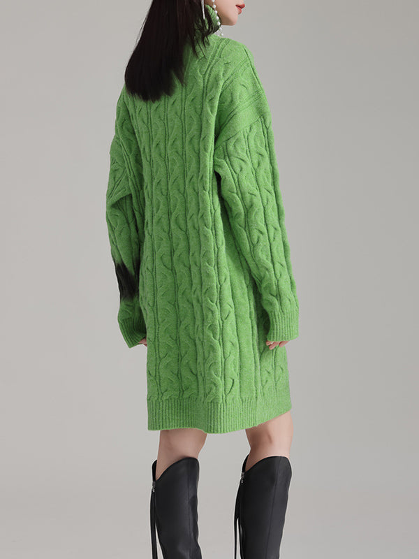 Contrast Color Long Sleeves Loose High Neck Sweater Dresses Mini Dresses