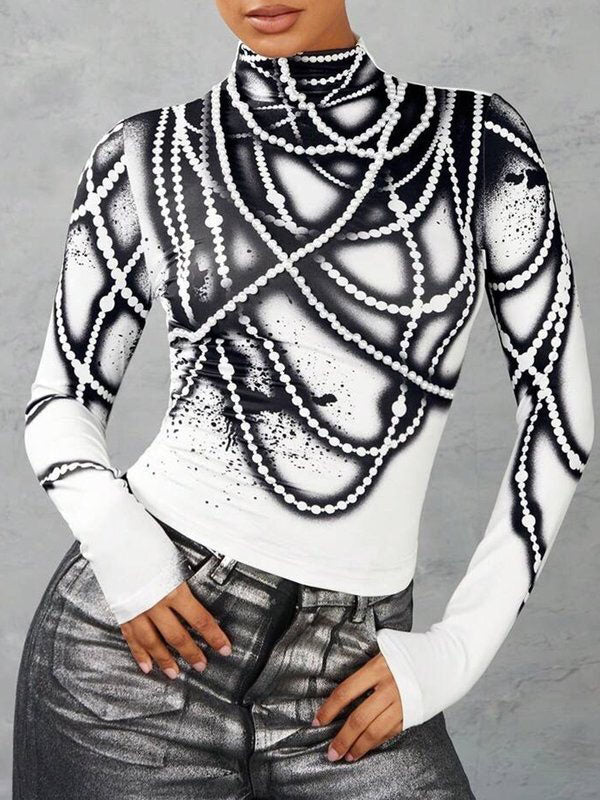 Printed Striped Long Sleeves Skinny High Neck T-Shirts Tops