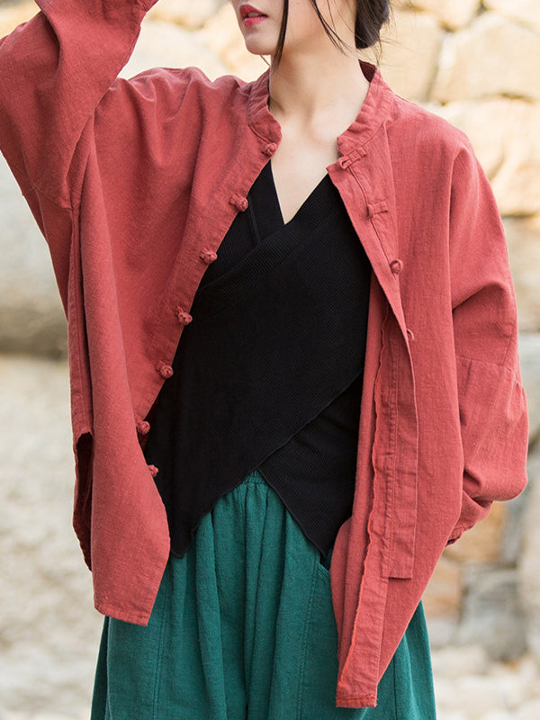 Chinese Frog Buttons Pleated Solid Color Split-Joint Batwing Sleeves Loose Stand Collar Blouses