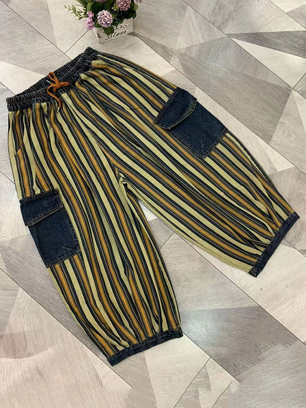 Contrast Color Drawstring Pleated Pockets Striped Loose Ninth Pants Knickerbockers Jean Pants Bottoms