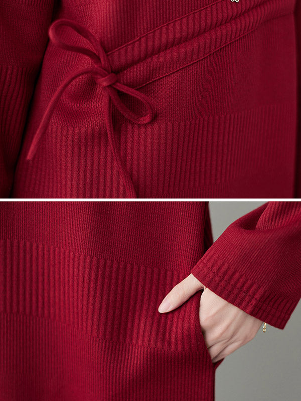 Casual Loose Solid Color Drawstring High-Neck Long Sleeves Sweater Dress