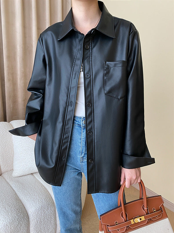 Buttoned Pockets Solid Color Long Sleeves Loose Lapel Outerwear Jackets