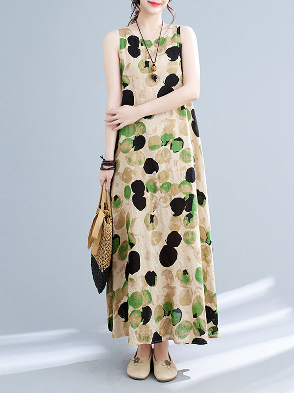Printed Split-Joint Loose Sleeveless Round-neck Maxi Dresses