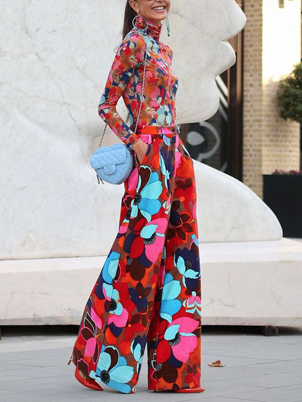 Contrast Color Floral Printed Flower Print Loose Wide Leg Trousers Casual Pants Bottoms