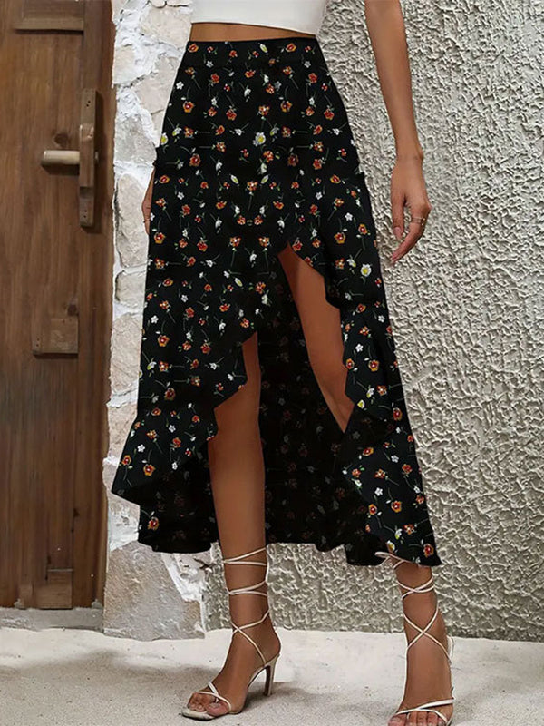 Asymmetric Flower Print Ruffled Split-Front High Waisted Loose Skirts Bottoms