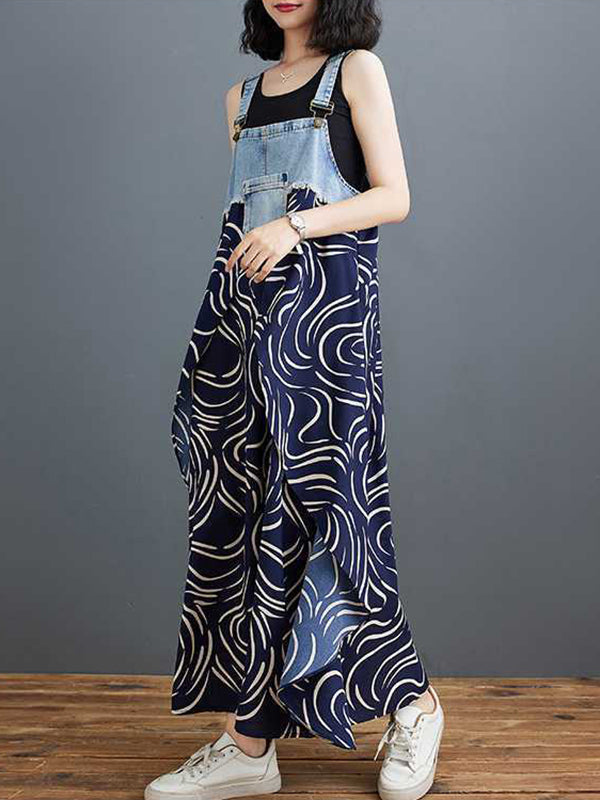 Contrast Color Pockets Printed Split-Joint A-Line Loose Spaghetti-Neck Suspender Dress Maxi Dresses