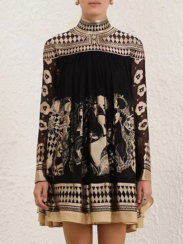 Bronzing Printed Split-Joint A-line Long Sleeves Mock Neck Mini Dresses