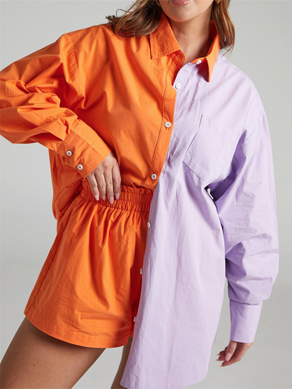 Original Loose Contrast Color Blouse&Elasticity Shorts 2 Pieces Set