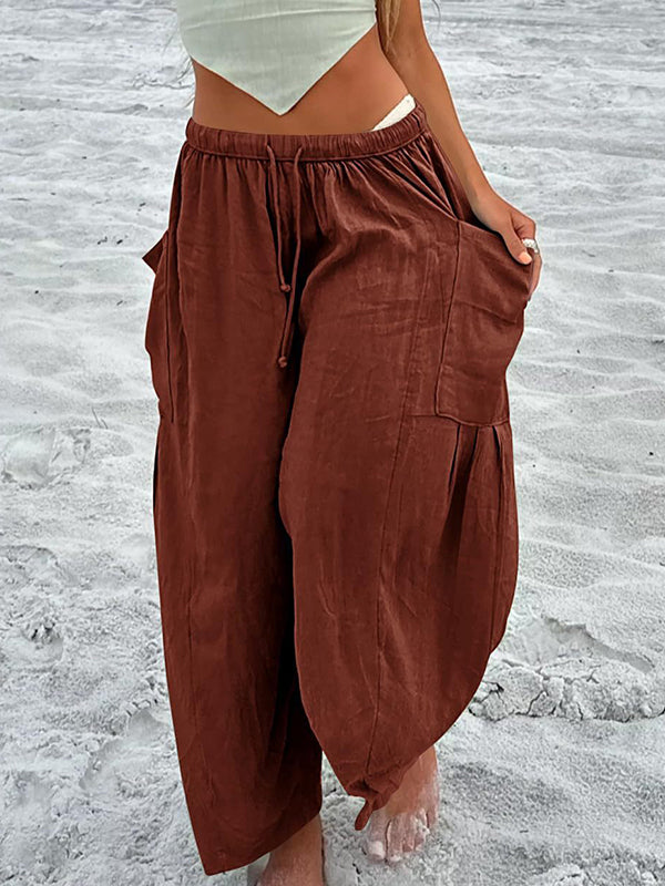 Drawstring Elasticity Pleated Pockets Solid Color High Waisted Loose Trousers Ninth Pants