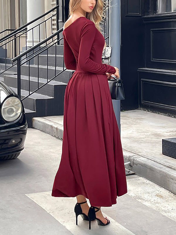 Pleated Solid Color Split-Front High Waisted Long Sleeves One-Shoulder Maxi Dresses