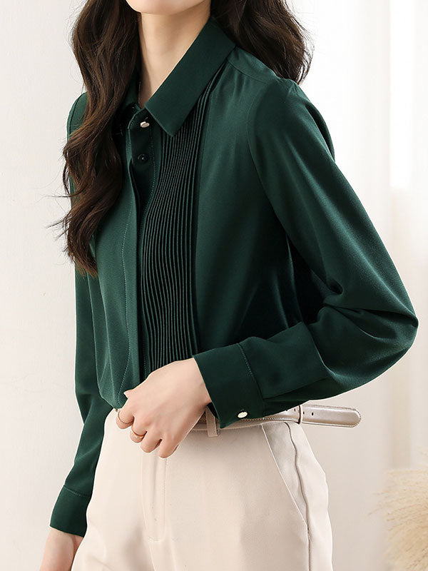 Buttoned Pleated Solid Color Long Sleeves Loose Lapel Blouses&Shirts Tops