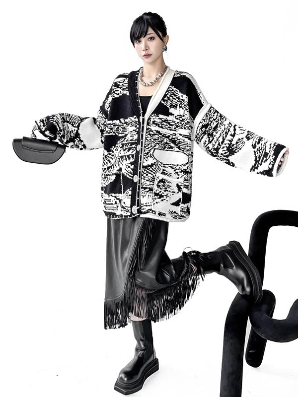 Abstract Printed Buttoned Contrast Color Pockets Split-Joint Long Sleeves Loose Collarless Outerwear Cardigan Tops