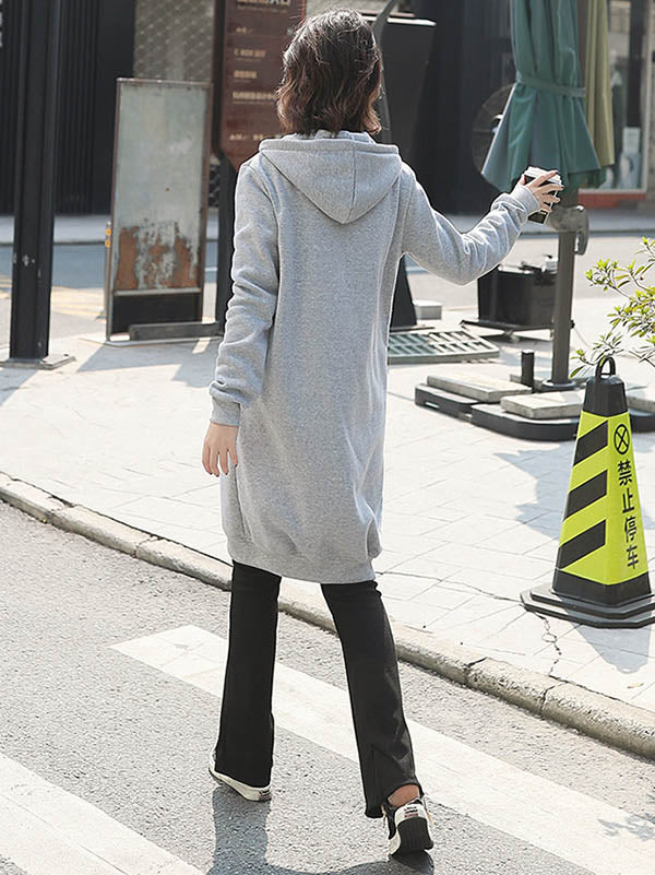 4Colors Drawstring Hooded Split-Joint Pocket Solid Color Zipper Outerwear