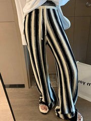 Contrast Color Drawstring Elasticity Split-Joint Striped Loose Wide Leg Trousers Pants