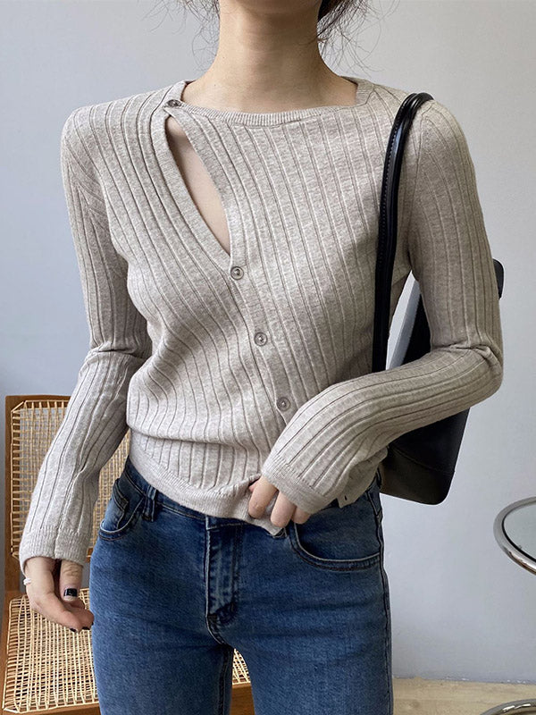 Asymmetric Solid Color Round-Neck Sweater Top