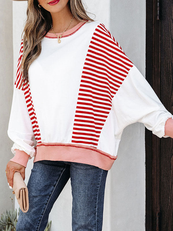Contrast Color Striped Long Sleeves Loose Round-neck Sweatshirt Tops