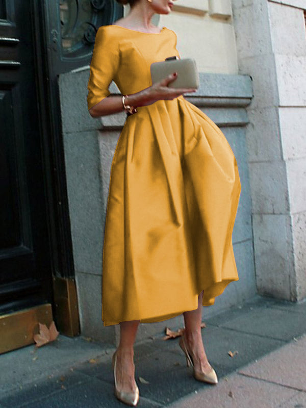 Pleated Pockets Solid Color Split-Joint A-Line Loose Round-Neck Midi Dresses