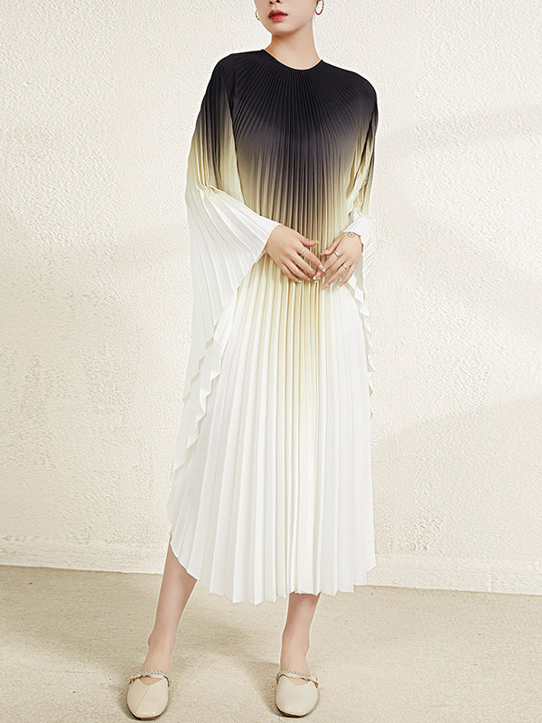 Gradient Pleated Batwing Sleeves Loose Round-Neck Midi Dresses