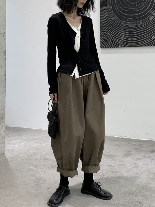 Elasticity High-Waisted Pleated Solid Color Split-Joint Harem Pants Loose Trousers Pants