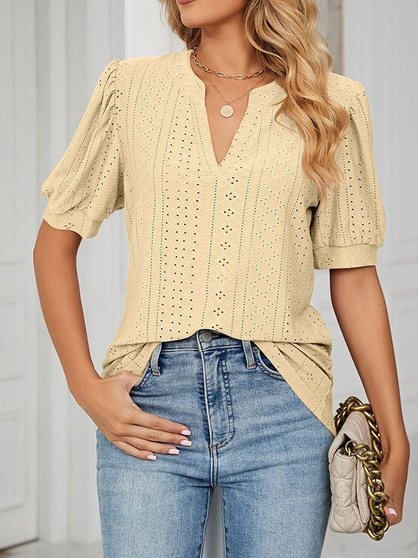 Hollow Solid Color Bishop Sleeve Loose V-neck T-Shirts Tops
