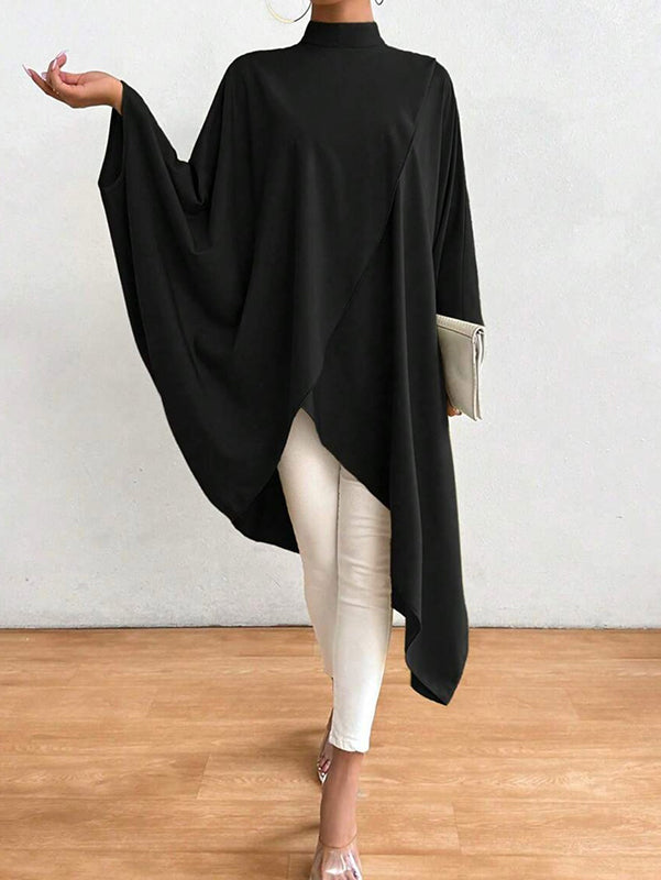 Asymmetric Solid Color Split-Joint Batwing Sleeves Loose High Neck Shirts Tops