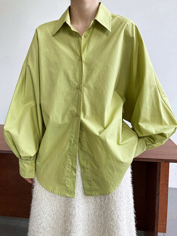 Buttoned Pleated Solid Color Long Sleeves Loose Lapel Blouses&Shirts Tops