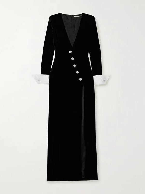 Asymmetric Buttoned Shoulder Pad Split-Front Long Sleeves Skinny Deep V-Neck Maxi Dresses