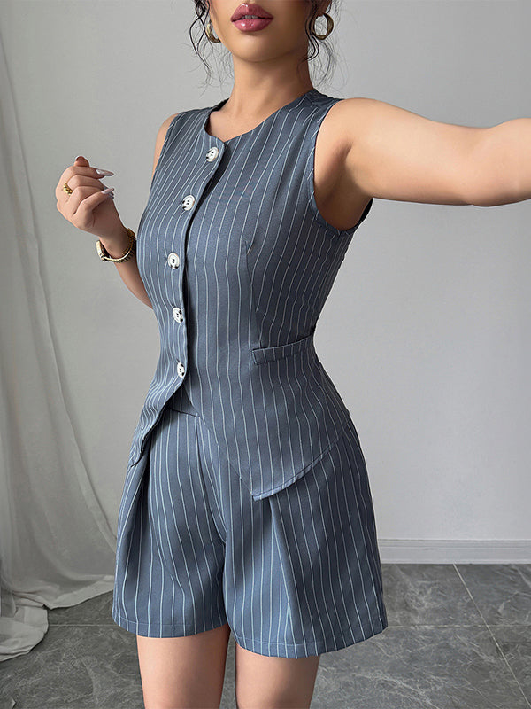 Striped Sleeveless Buttoned V-Neck Vest Top + Pleated Pockets Shorts Bottom Two Pieces Set