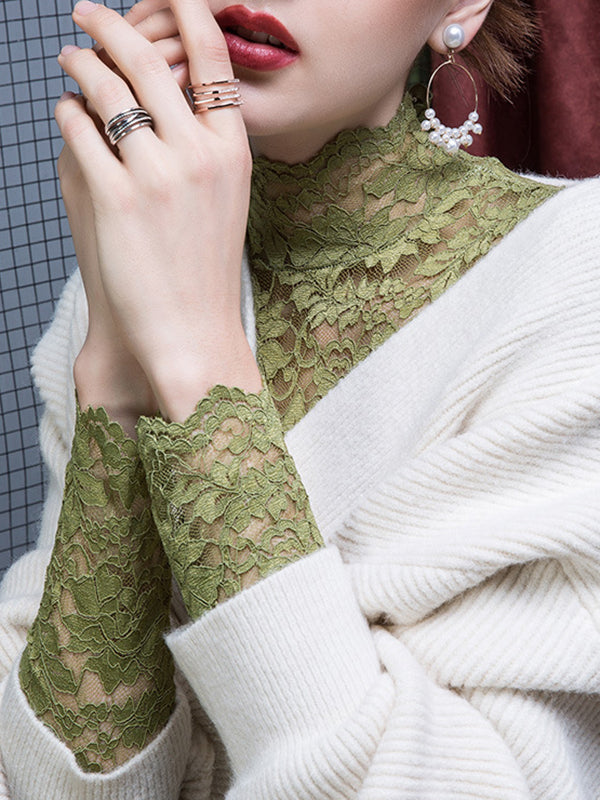 Gauze See-Through Split-Joint Long Sleeves Plus Size High Neck T-shirts