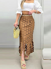 Solid Color Split-Joint Tasseled Bodycon High Waisted Skirts