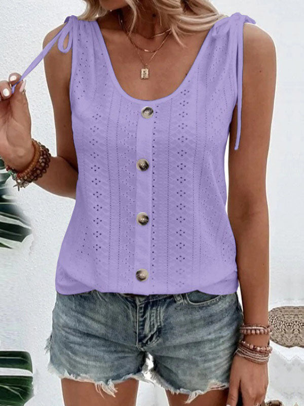 Buttoned Hollow Pleated Split-Joint Tied Loose Plus Size U-neck Vest Top