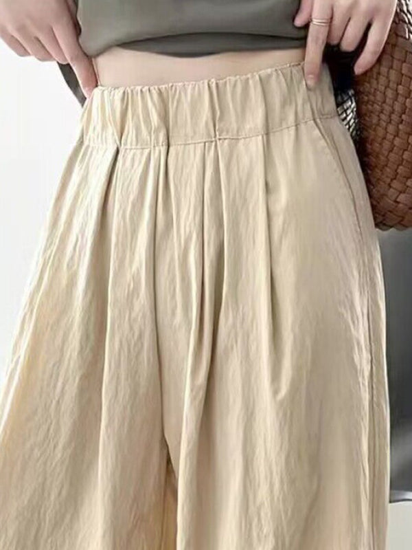 Elasticity Pleated Pockets Solid Color High Waisted Loose Trousers Pants