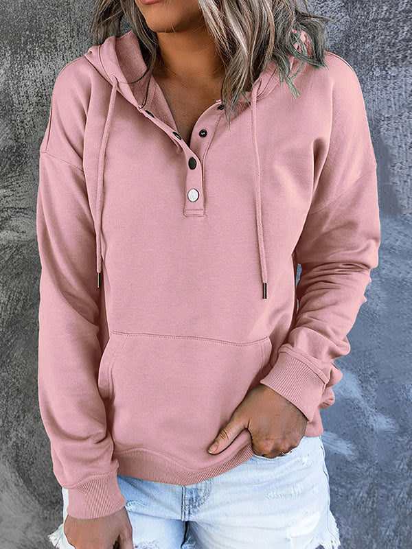 Drawstring Pockets Split-Joint Long Sleeves Loose Hooded Hoodies Tops