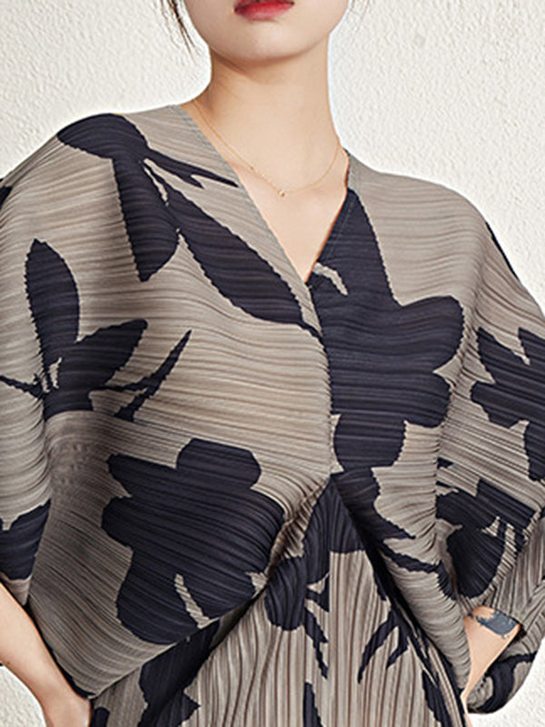 Pleated Printed Batwing Sleeves Loose V-Neck Midi Dresses