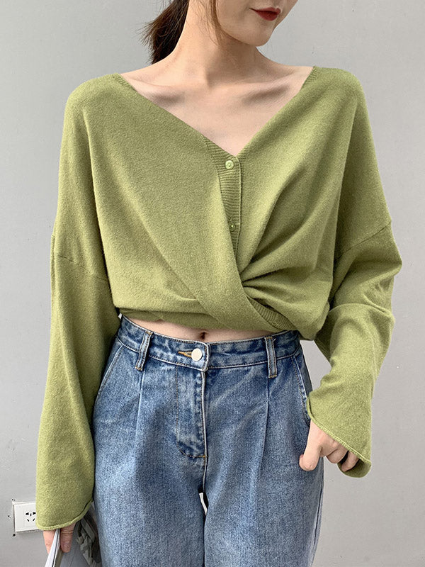 Buttoned Solid Color Long Sleeves Loose V-Neck Cardigan Tops