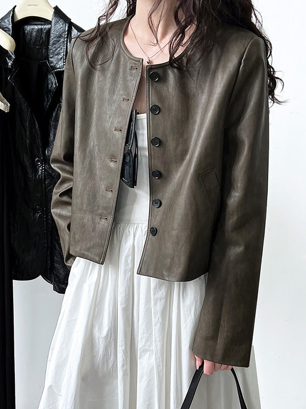 Buttoned Pockets Long Sleeves Loose Round-neck Jackets