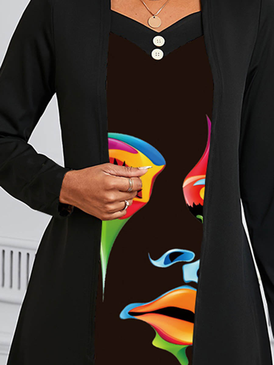 Buttoned Contrast Color Human Pattern Print Split-Joint A-Line False Two Square-Neck Midi Dresses