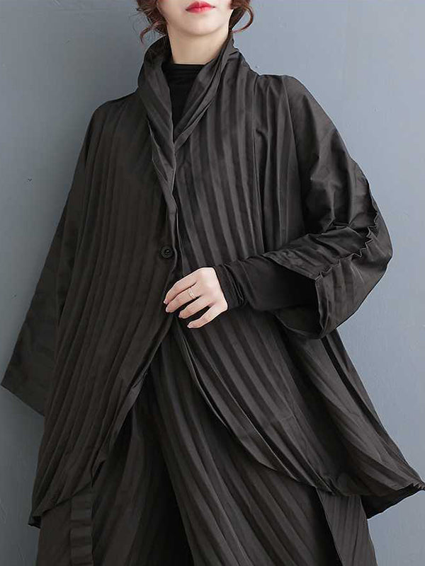 Stand Collar Long Sleeves Loose Buttoned Pleated Solid Color Shirts Top + Pants Bottom Two Pieces Set